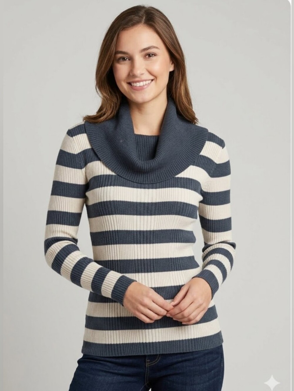 Poof! Cowel Neck or Off The Shoulder Ribbed Knit Striped Top Olive Ivory